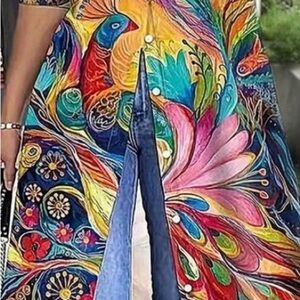 SHEIN Multicolor Peacock & Floral Button-Down Shirt